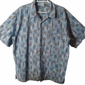 Op Sport Blue Hawaiian Surf Print Short Sleeve XL Tiki Cotton Aloha Beachwear
